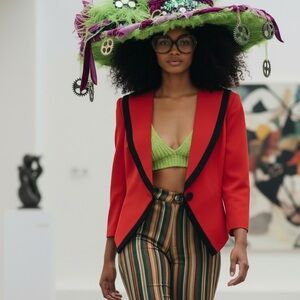 Vintage 100% Wool Red Black Padded Shoulder Crop Blazer 80s 90s Mob Wife Sz 12